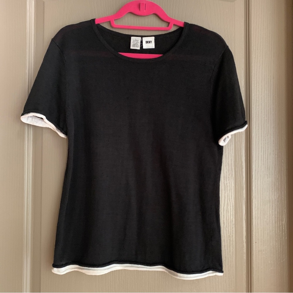 DKNY Black 100% Linen T-Shirt L | Minimalist Classic Tee Contrast Trim